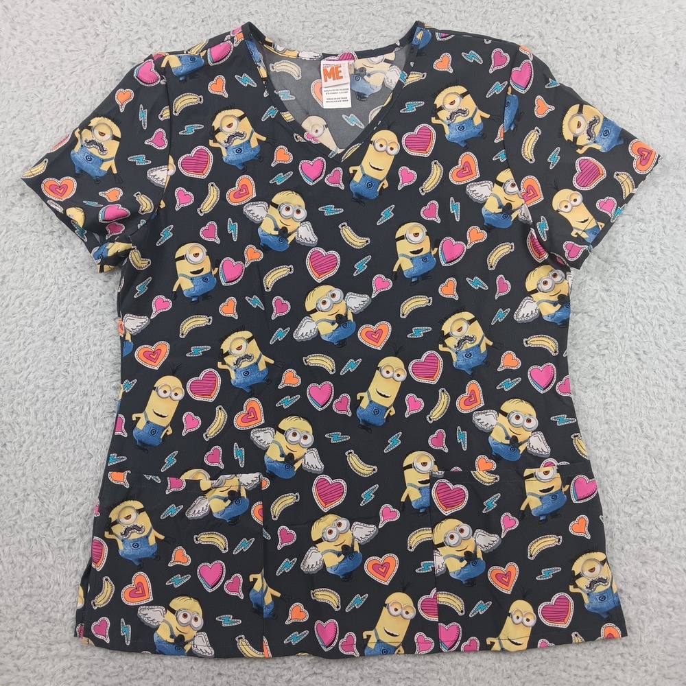 Despicable Me Scrub Top Minion Print Women M Black V-Neck WM40T728LF
